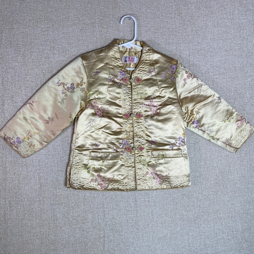 VTG Loocy Kids Gold Quilted Chinese Frog Button Floral Embroidered Jacket Size L